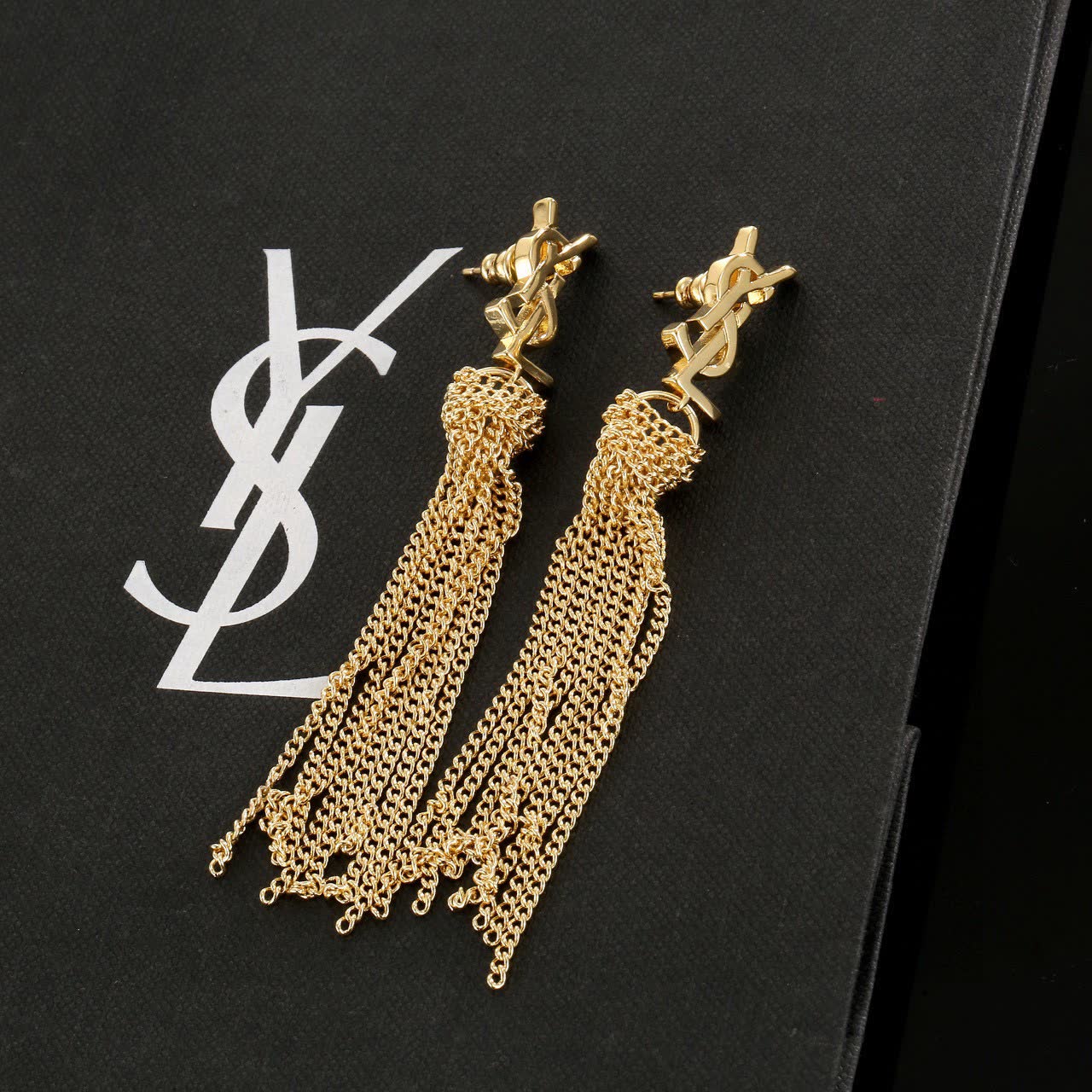 Saint Laurent YSL Gold Chain Tassel Earrings