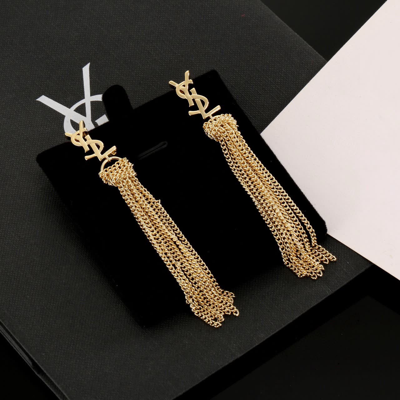 Saint Laurent YSL Gold Chain Tassel Earrings
