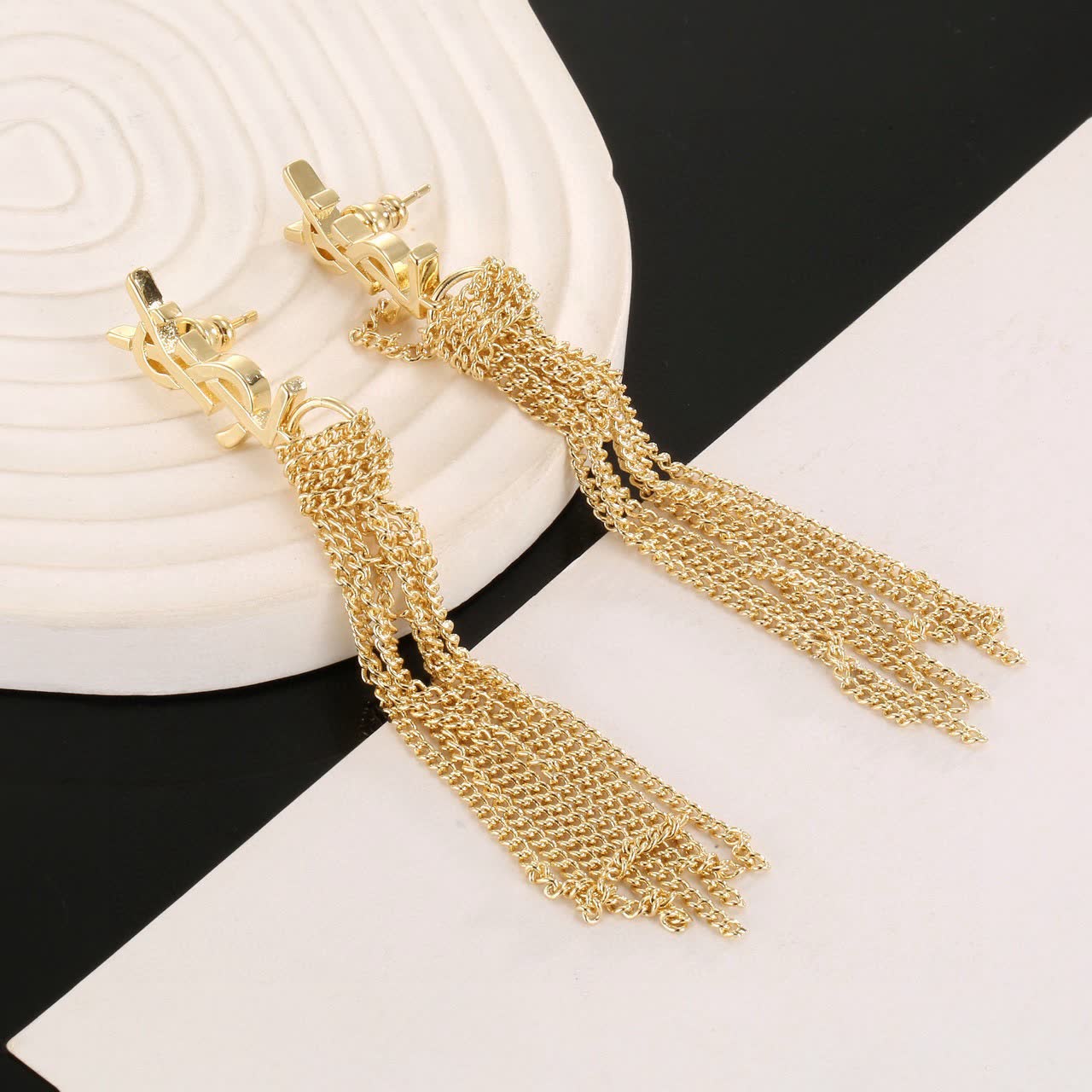 Saint Laurent YSL Gold Chain Tassel Earrings
