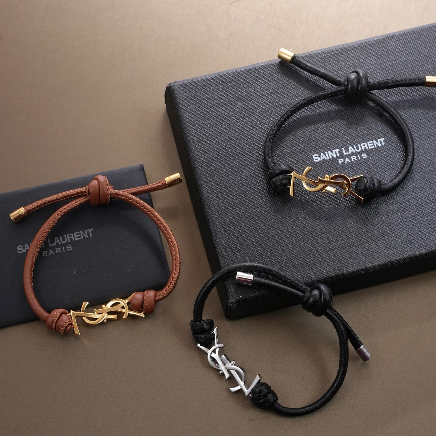 Saint Laurent Leather Bracelet with Gold Logo