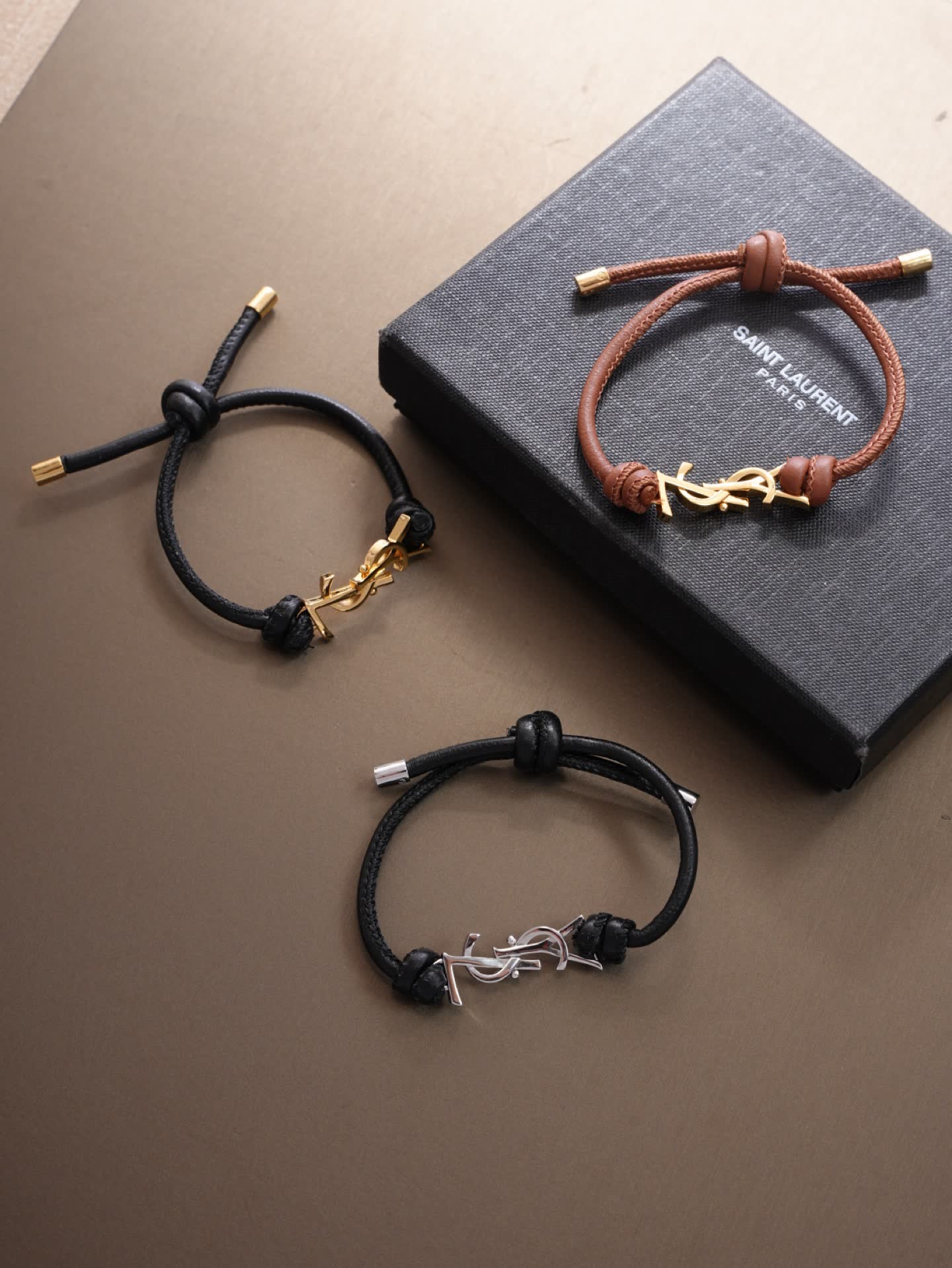 Saint Laurent Leather Bracelet with Gold Logo