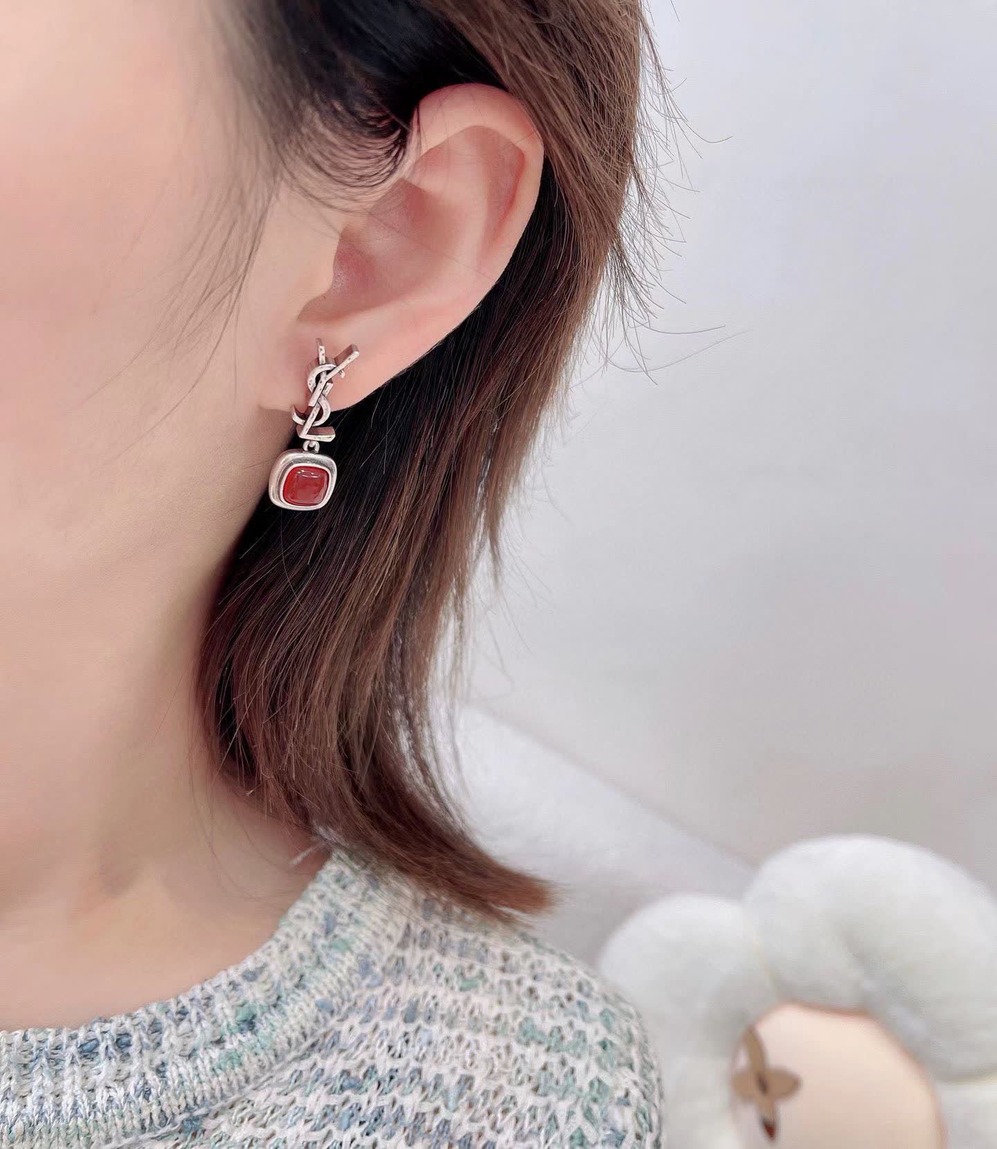 YSL Earrings with Red Gemstone