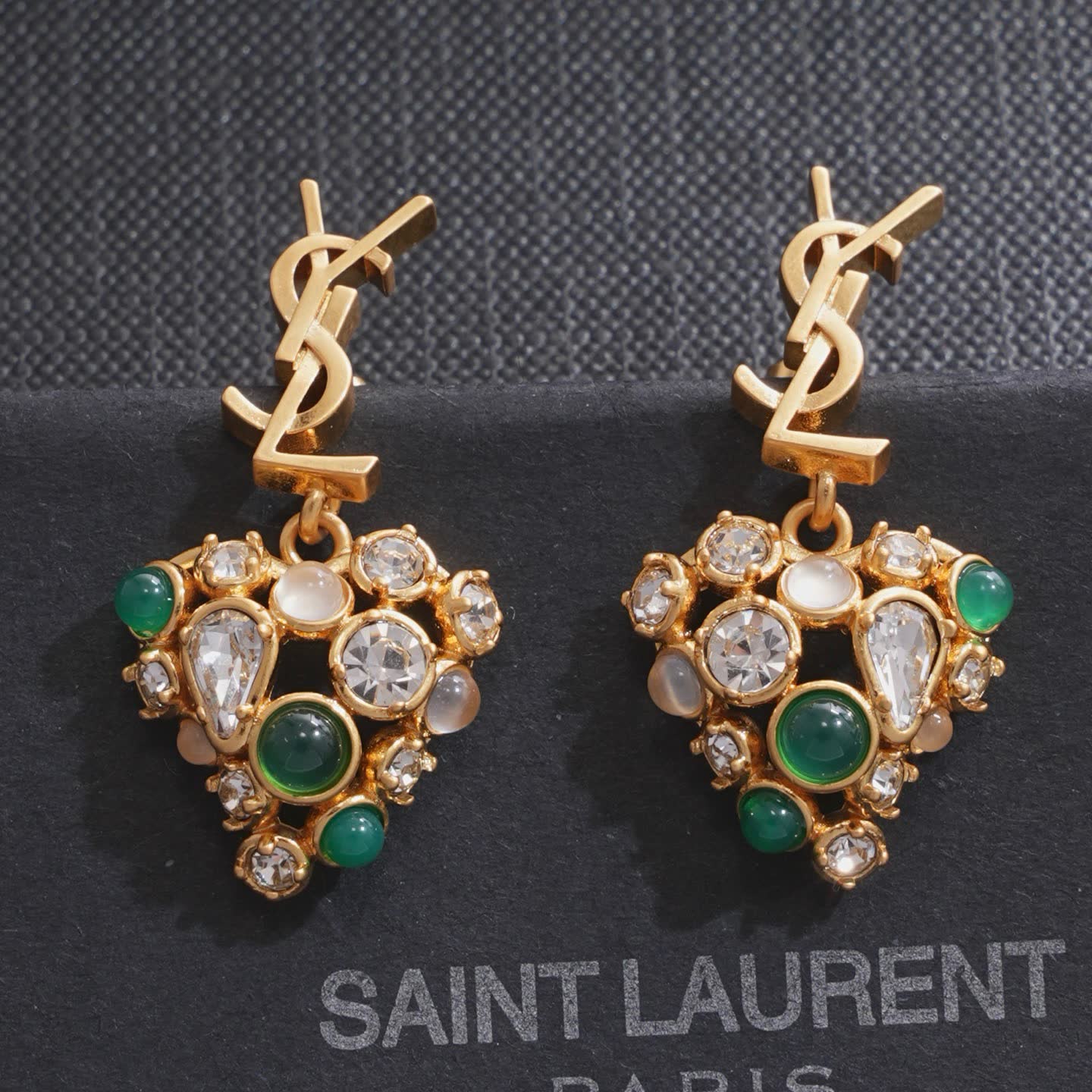 YSL Saint Laurent Paris Gold Tone Crystal and Green Stone Earrings YSL Saint Laurent Paris Gold Tone Crystal and Green Stone Earrings