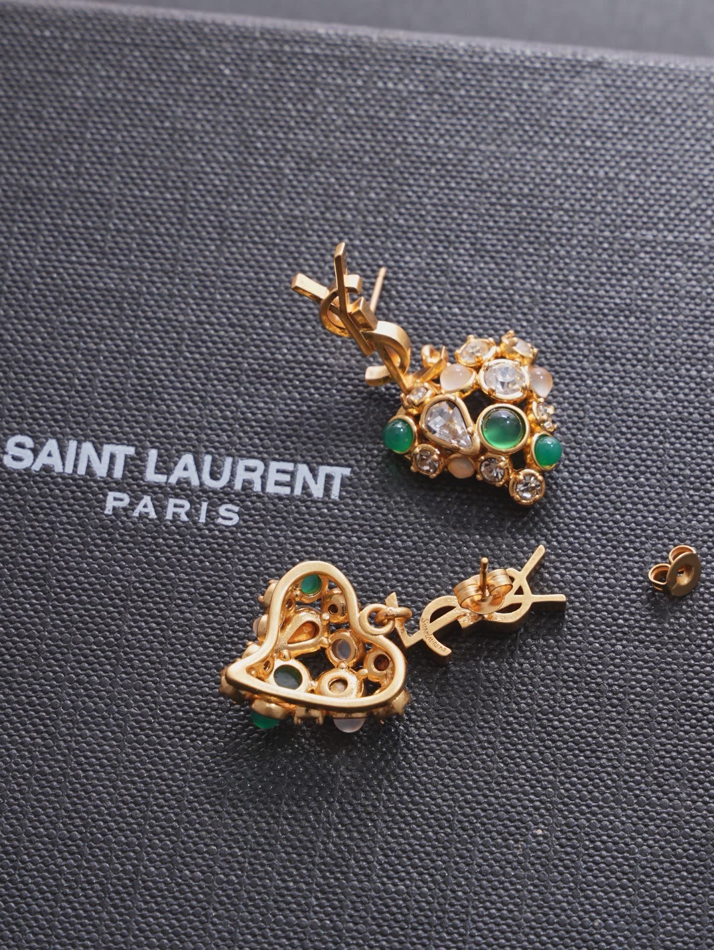 YSL Saint Laurent Paris Gold Tone Crystal and Green Stone Earrings