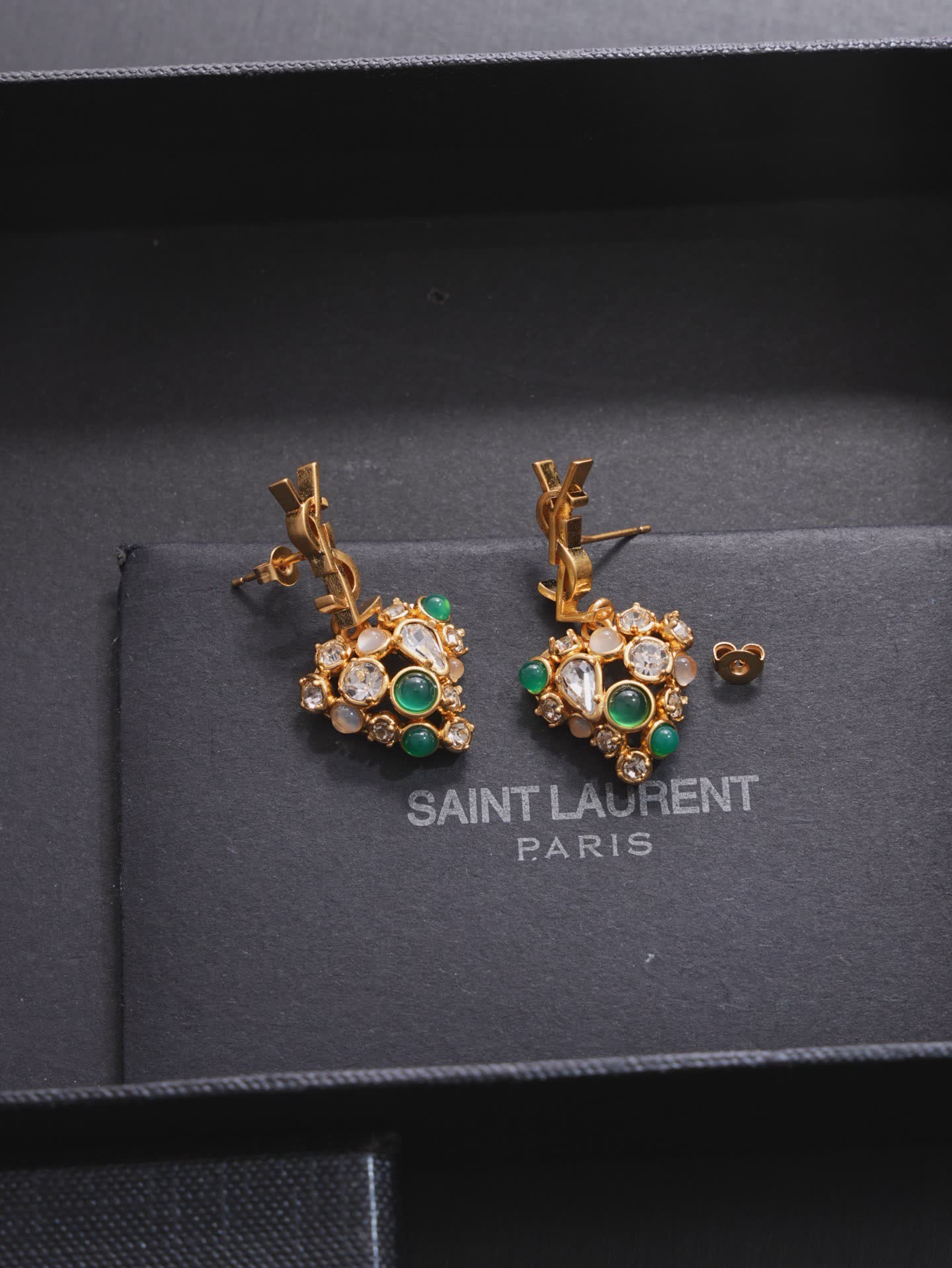 YSL Saint Laurent Paris Gold Tone Crystal and Green Stone Earrings