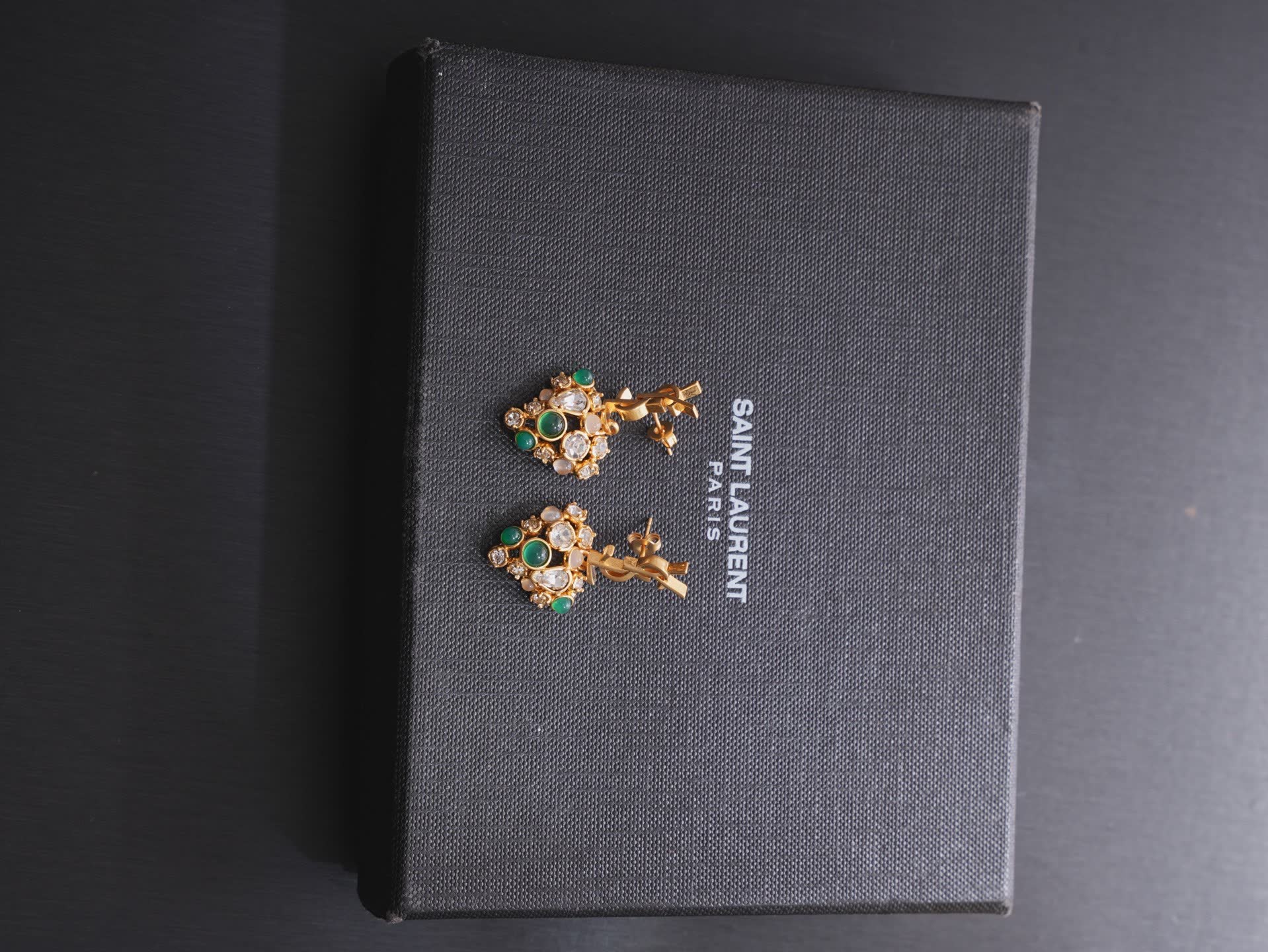 YSL Saint Laurent Paris Gold Tone Crystal and Green Stone Earrings