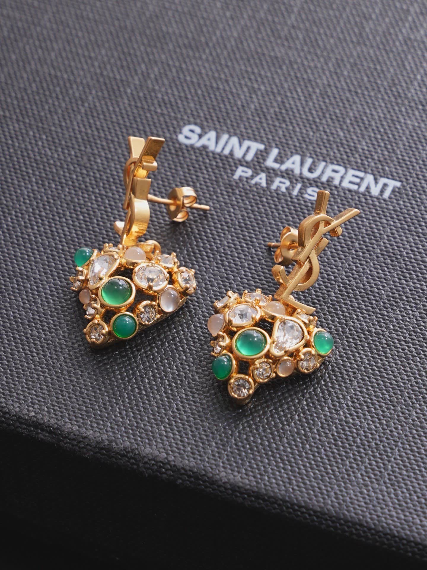 YSL Saint Laurent Paris Gold Tone Crystal and Green Stone Earrings
