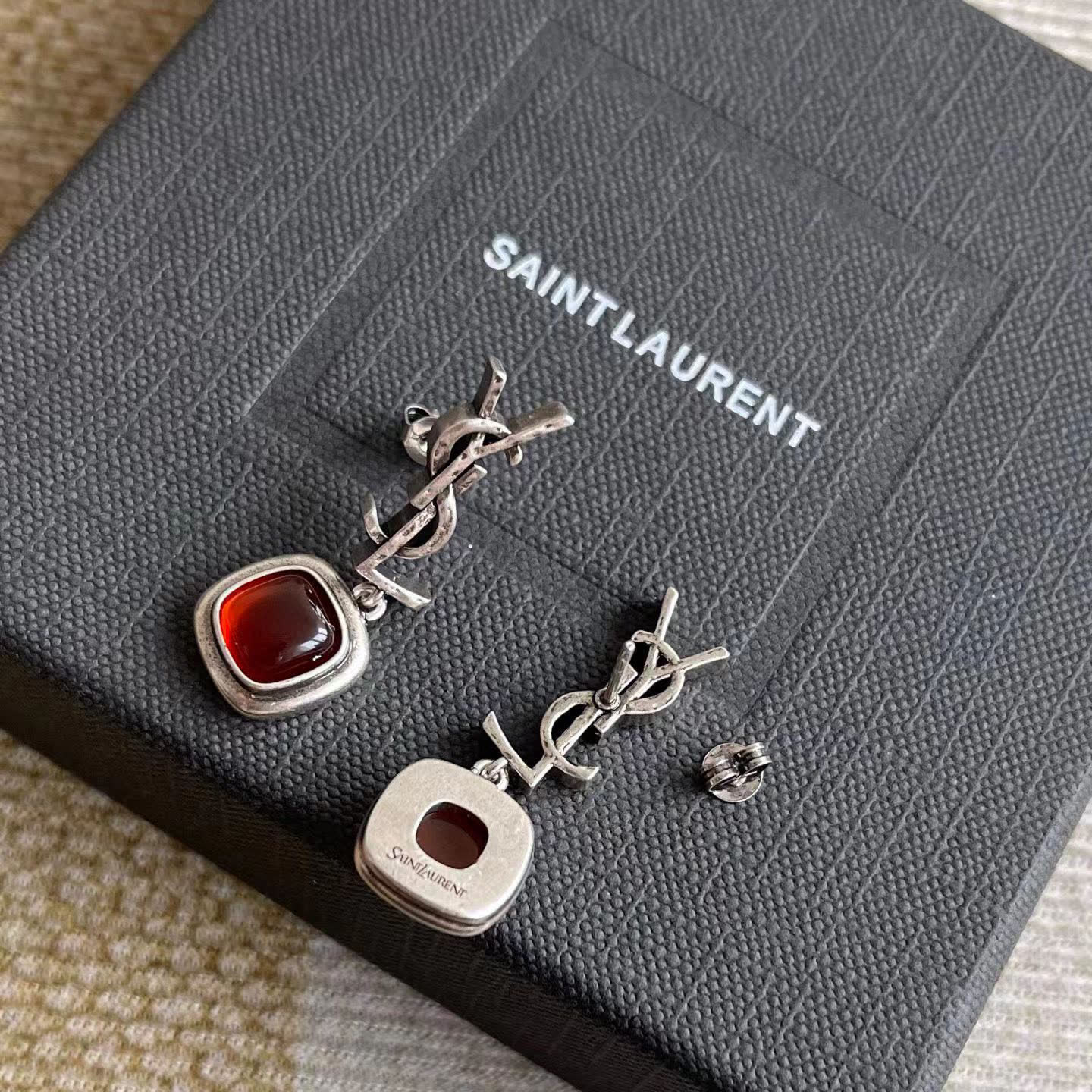 YSL Silver Earrings with Red Stone