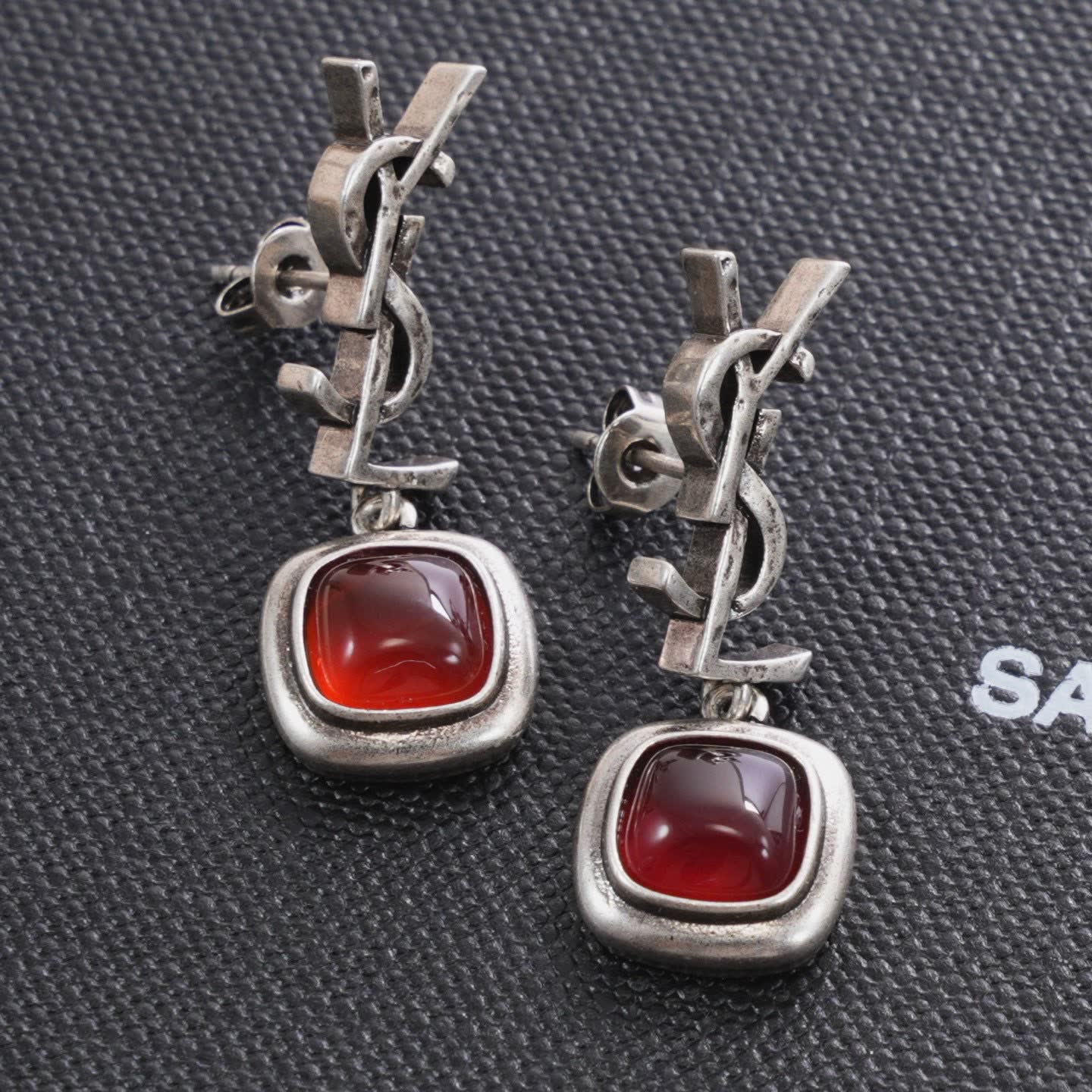 YSL Silver Tone Red Gemstone Drop Earrings YSL Silver Tone Red Gemstone Drop Earrings