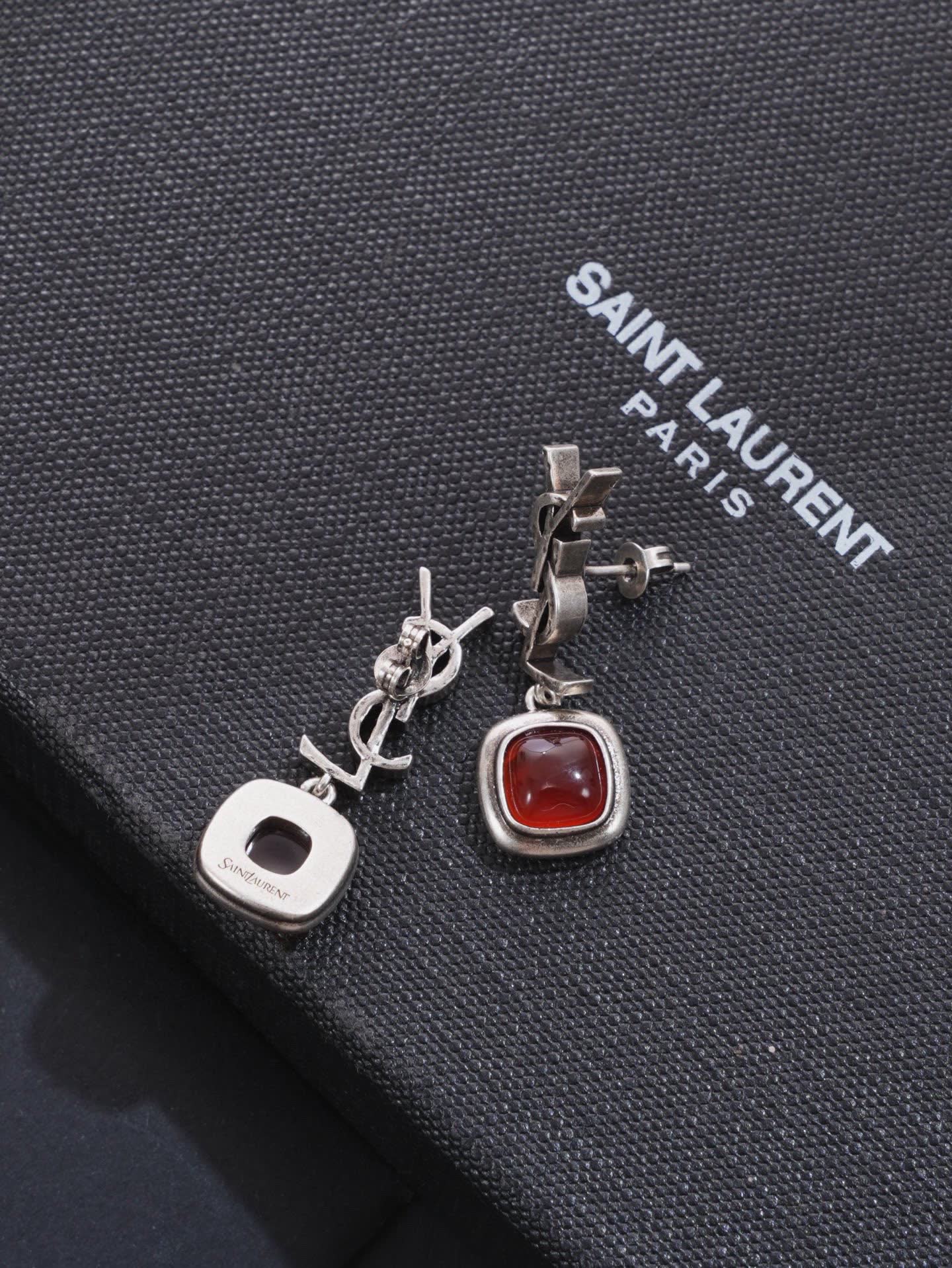 YSL Silver Tone Red Gemstone Drop Earrings