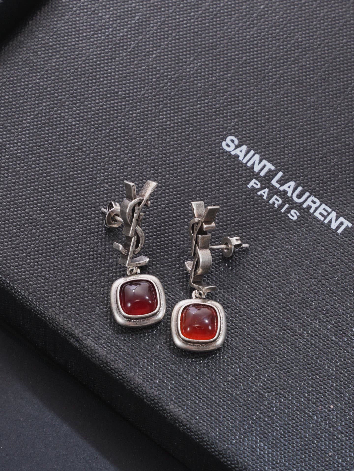 YSL Silver Tone Red Gemstone Drop Earrings