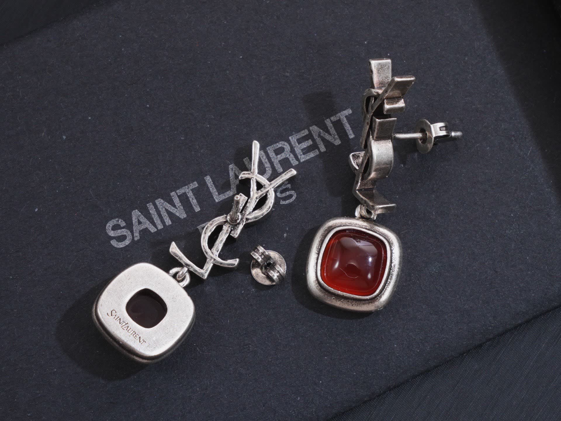 YSL Silver Tone Red Gemstone Drop Earrings