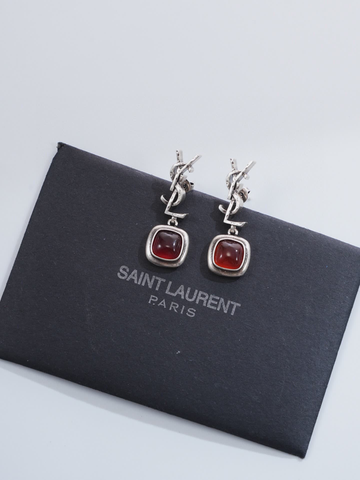 YSL Silver Tone Red Gemstone Drop Earrings