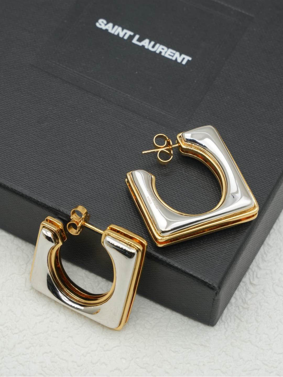 YSL Saint Laurent Gold Tone Square Hoop Earrings