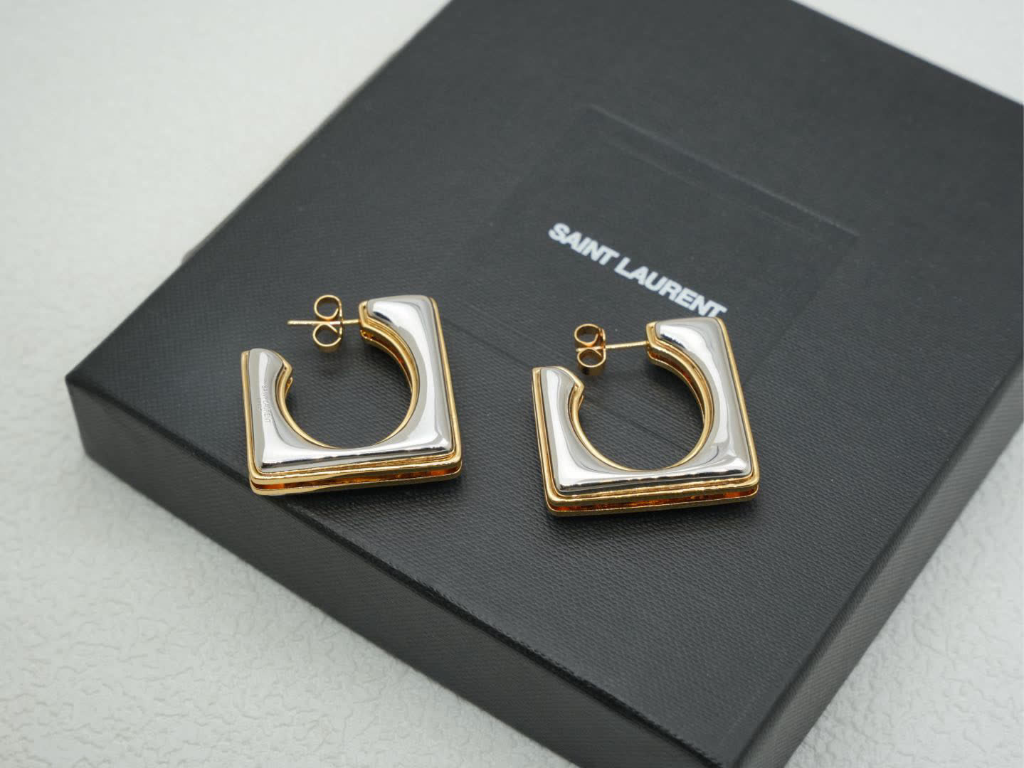 YSL Saint Laurent Gold Tone Square Hoop Earrings