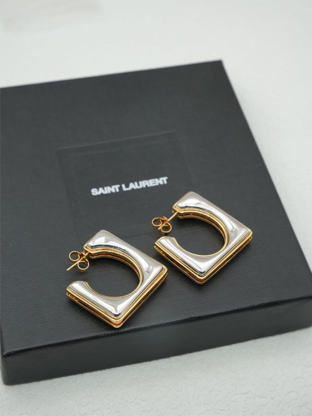 YSL Saint Laurent Gold Tone Square Hoop Earrings
