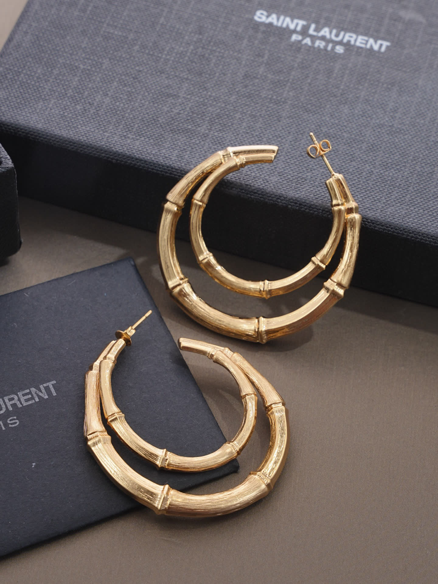 YSL Saint Laurent Paris Gold Bamboo Hoop Earrings YSL Saint Laurent Paris Gold Bamboo Hoop Earrings
