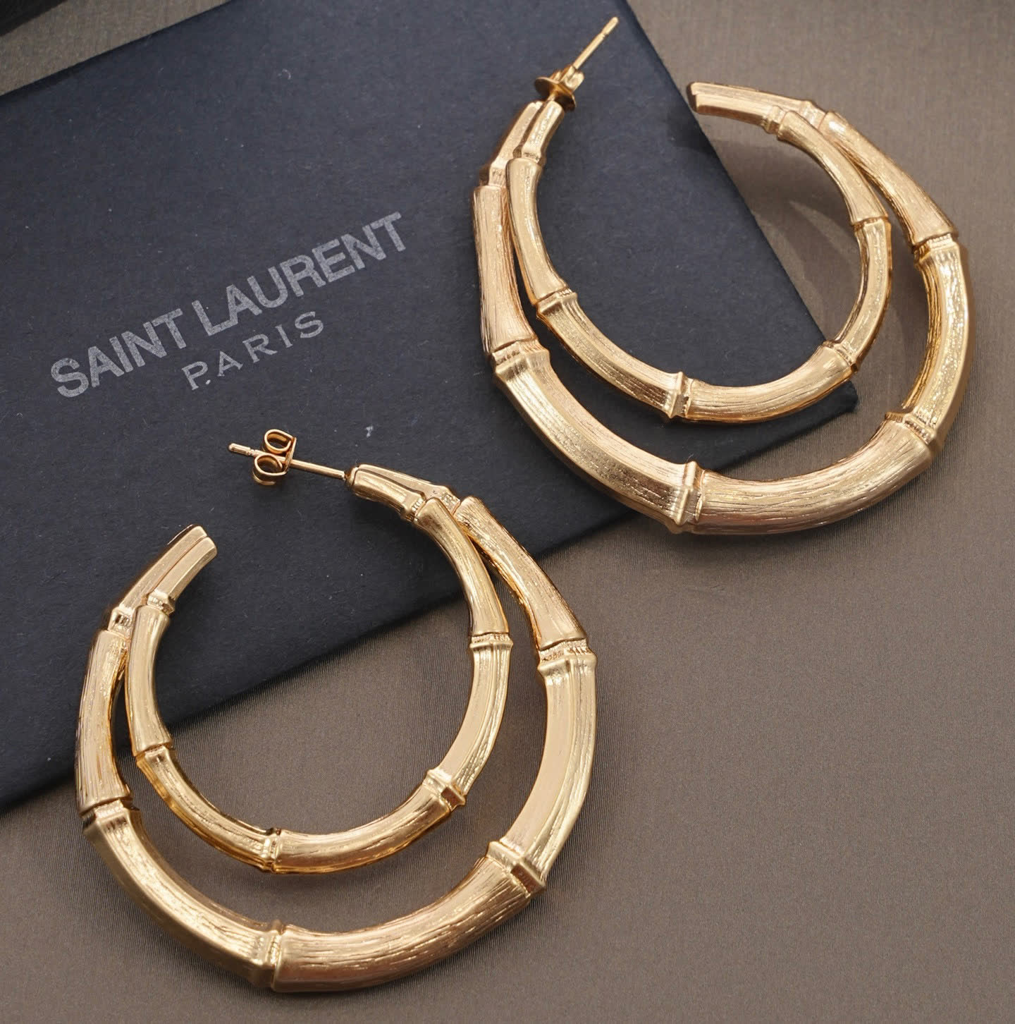 YSL Saint Laurent Paris Gold Bamboo Hoop Earrings