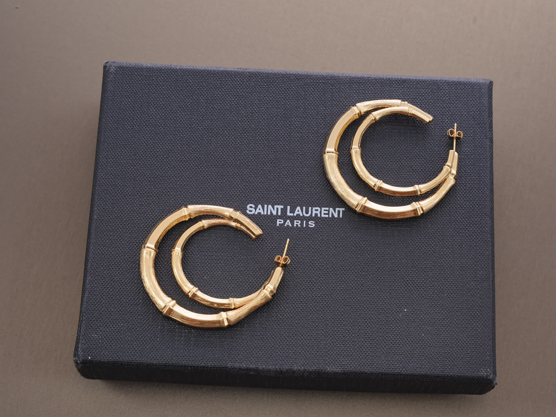 YSL Saint Laurent Paris Gold Bamboo Hoop Earrings