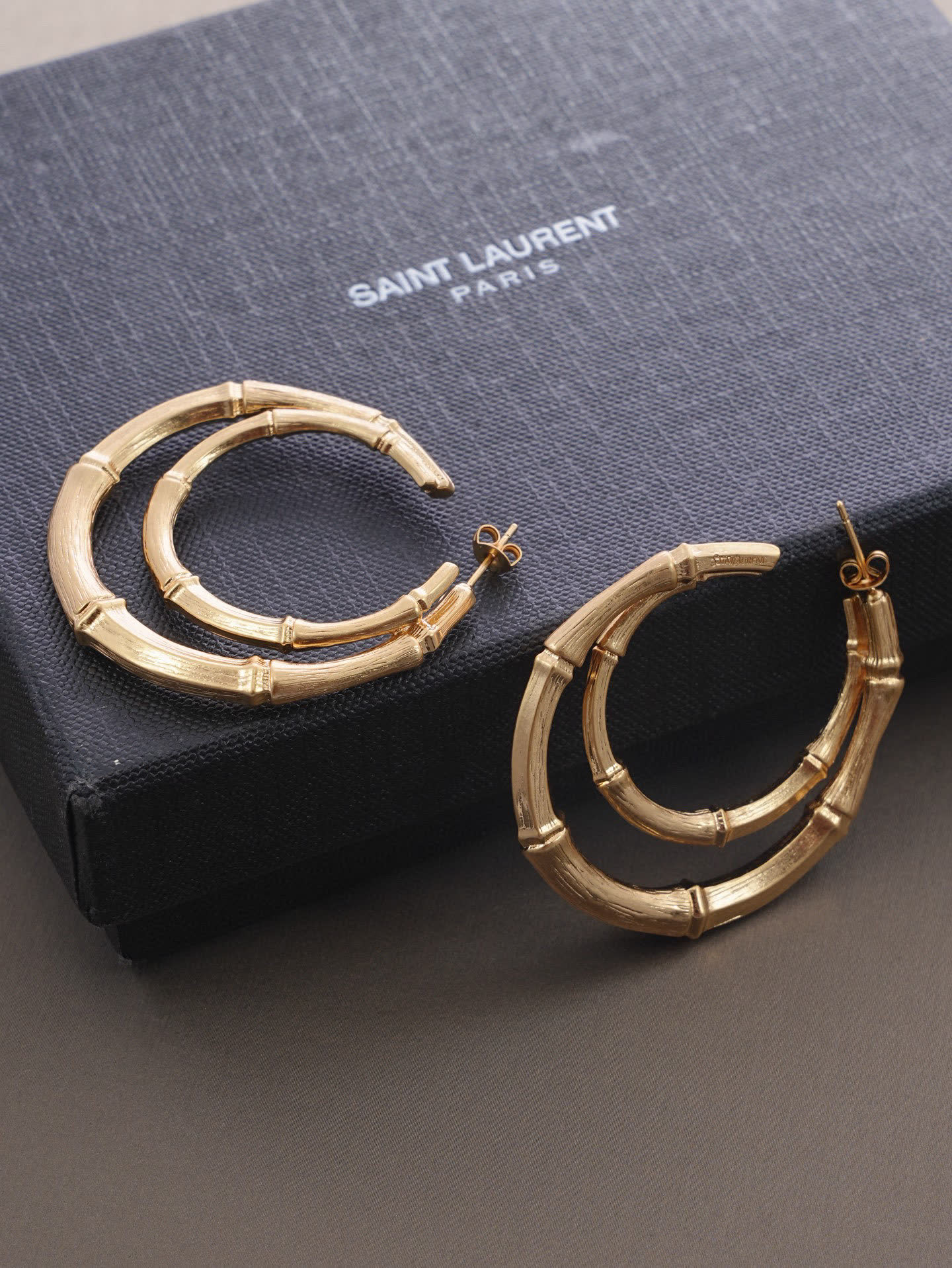 YSL Saint Laurent Paris Gold Bamboo Hoop Earrings