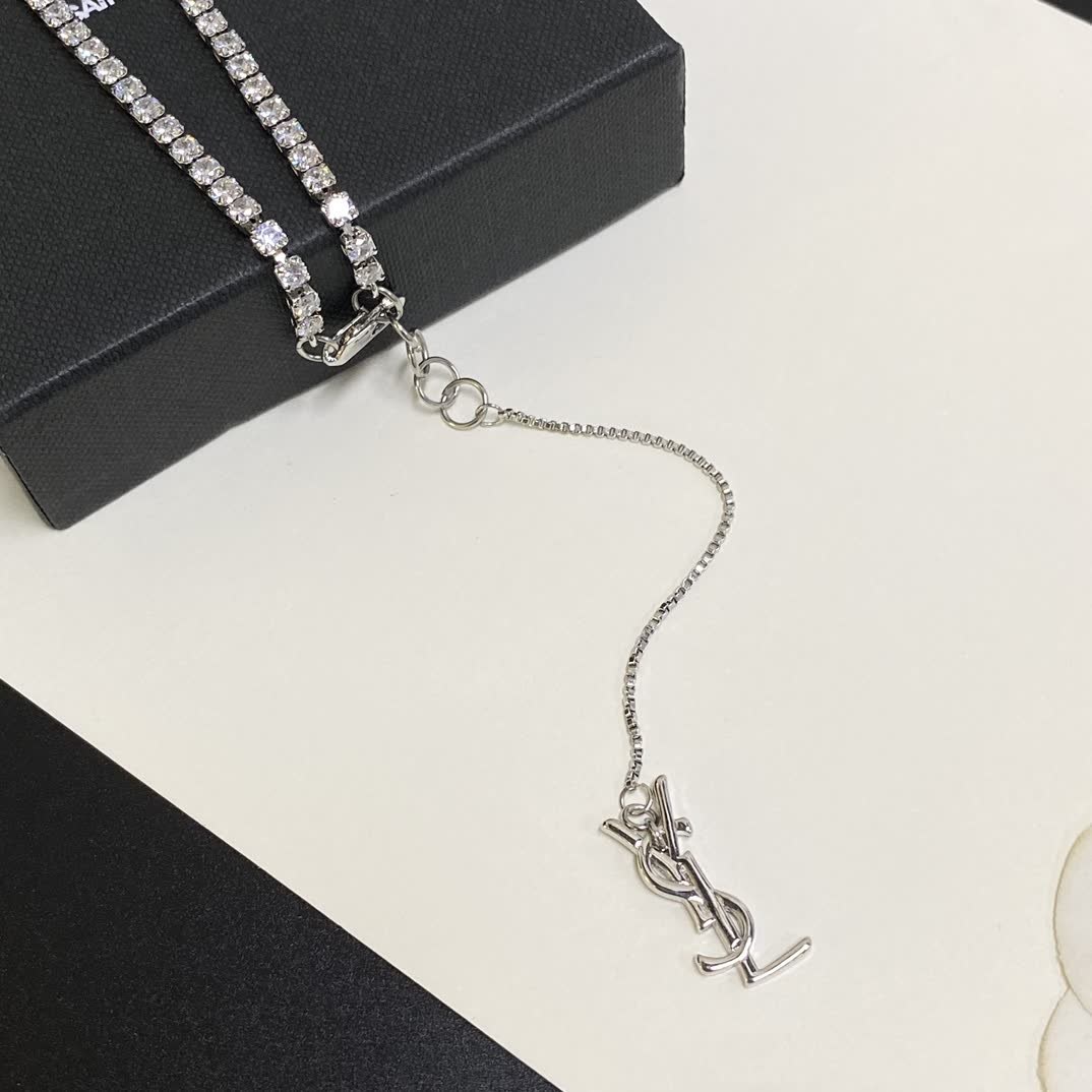 YSL Silver Chain Necklace with Logo Pendant