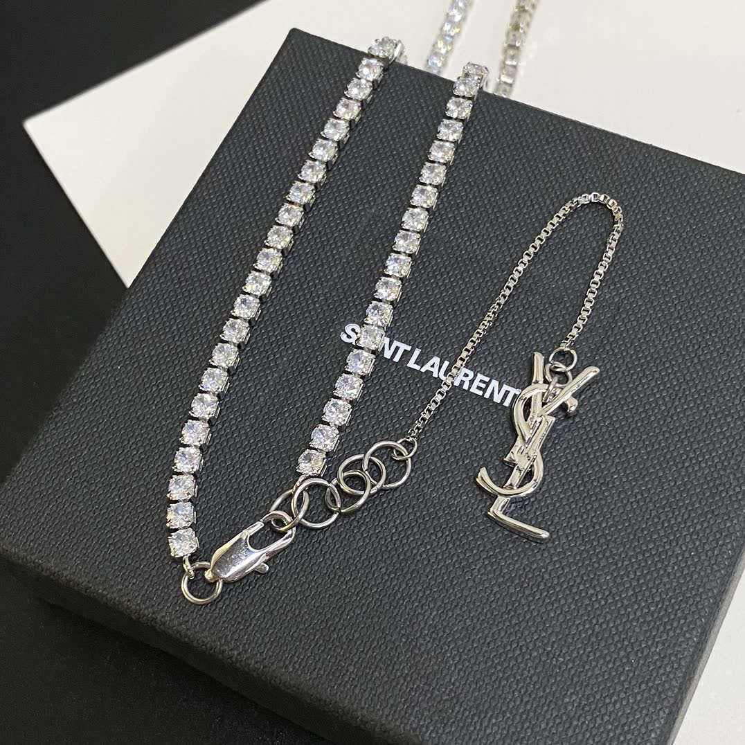 YSL Silver Chain Necklace with Logo Pendant