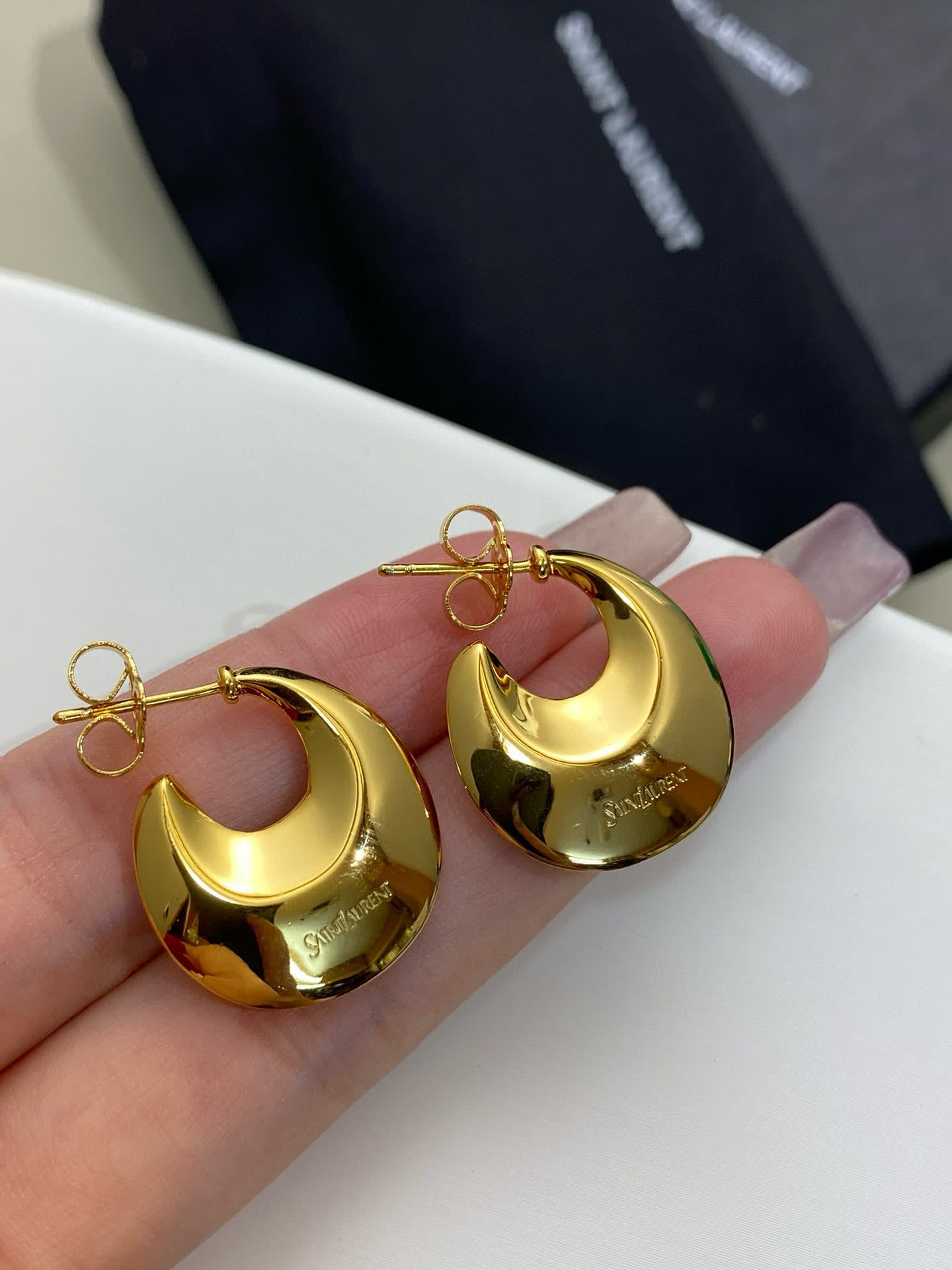 YSL Saint Laurent Gold Crescent Hoop Earrings