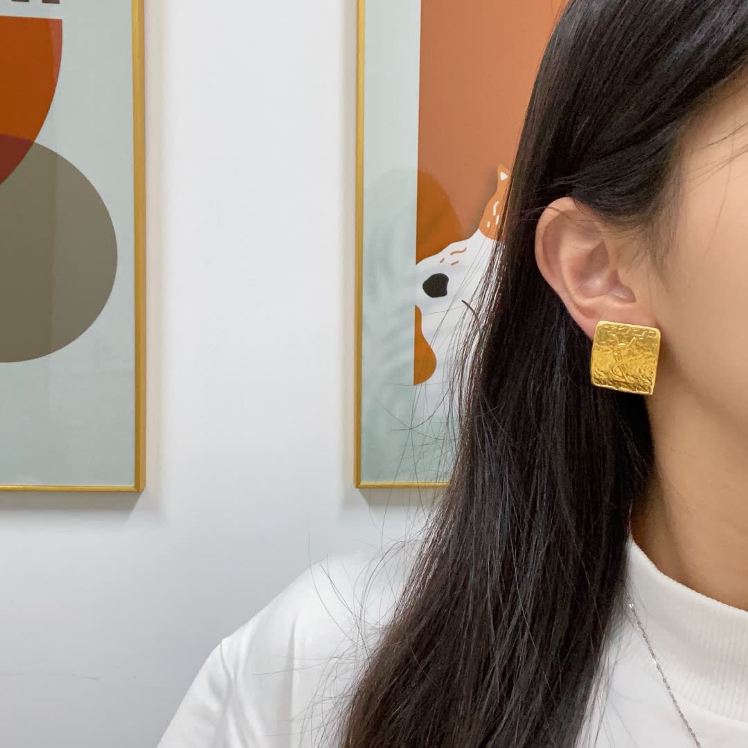 YSL Gold Textured Square Stud Earrings