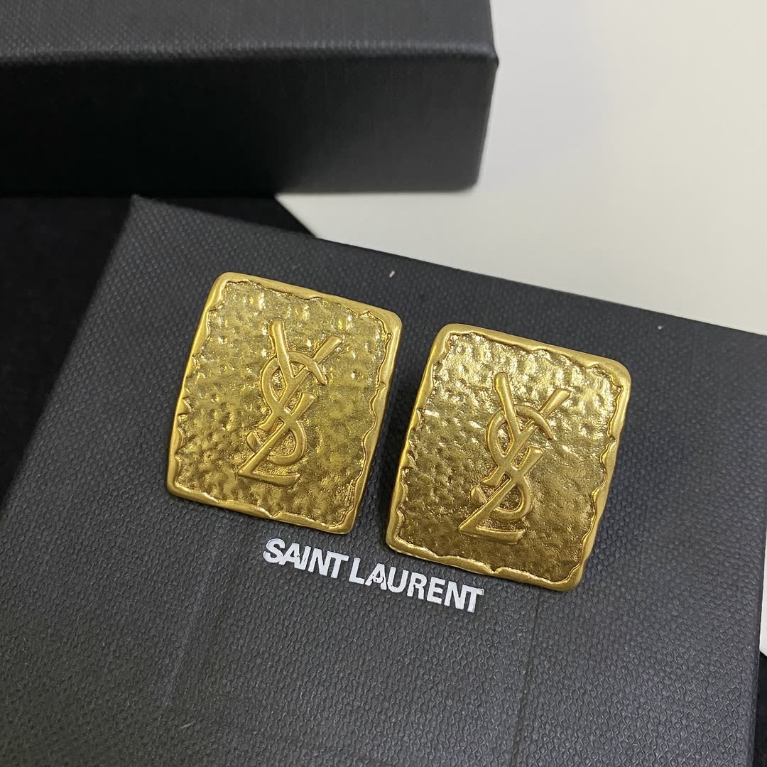 YSL Gold Textured Square Stud Earrings