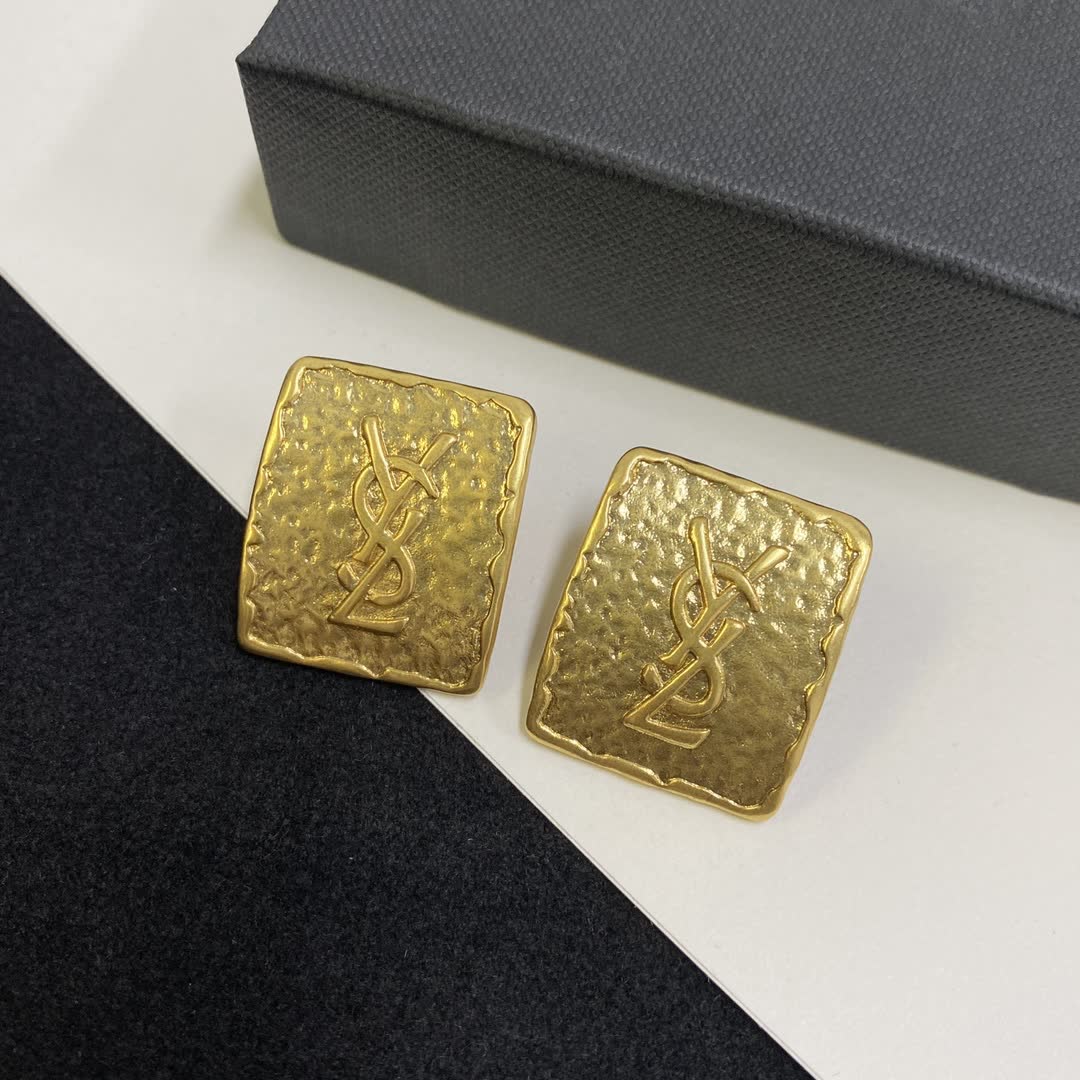 YSL Gold Textured Square Stud Earrings