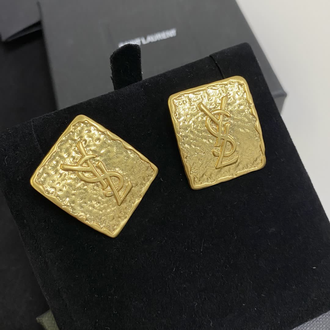 YSL Gold Textured Square Stud Earrings