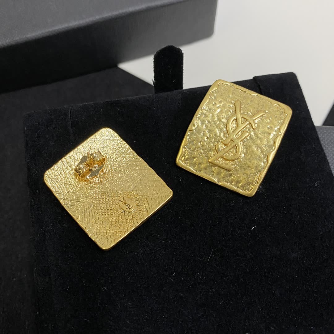 YSL Gold Textured Square Stud Earrings