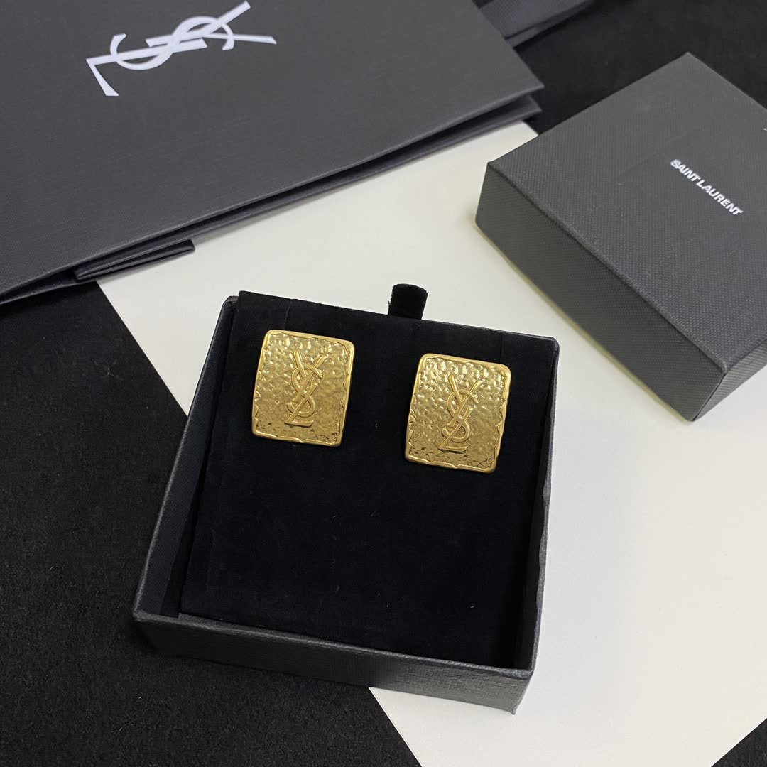 YSL Gold Textured Square Stud Earrings