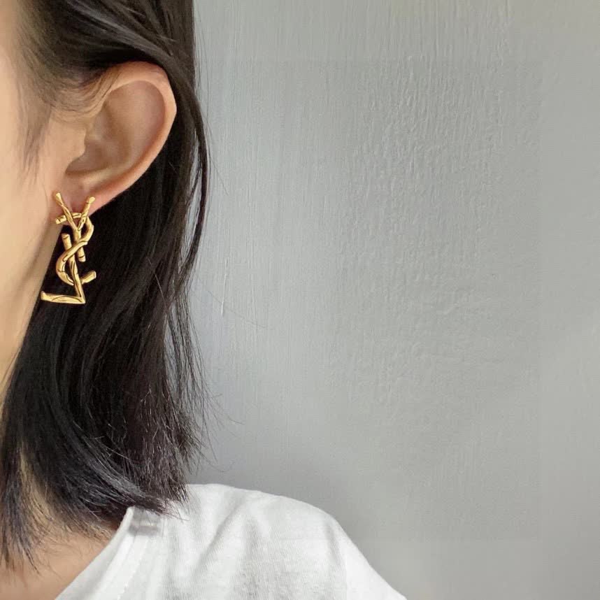Saint Laurent YSL Logo Gold Tone Stud Earrings