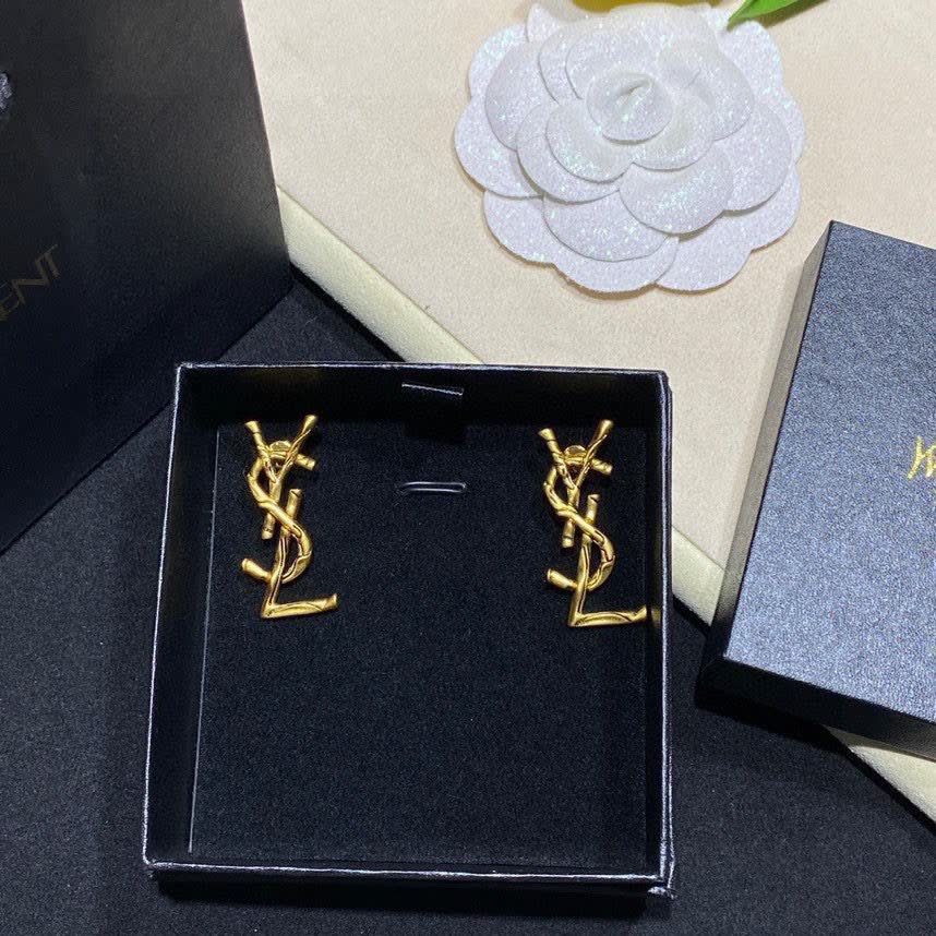Saint Laurent YSL Logo Gold Tone Stud Earrings
