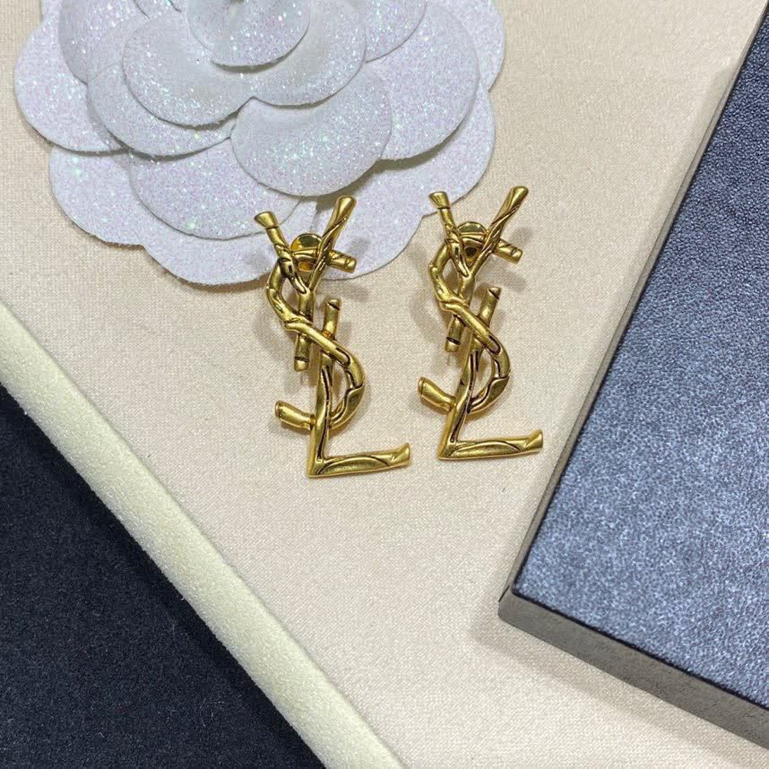 Saint Laurent YSL Logo Gold Tone Stud Earrings