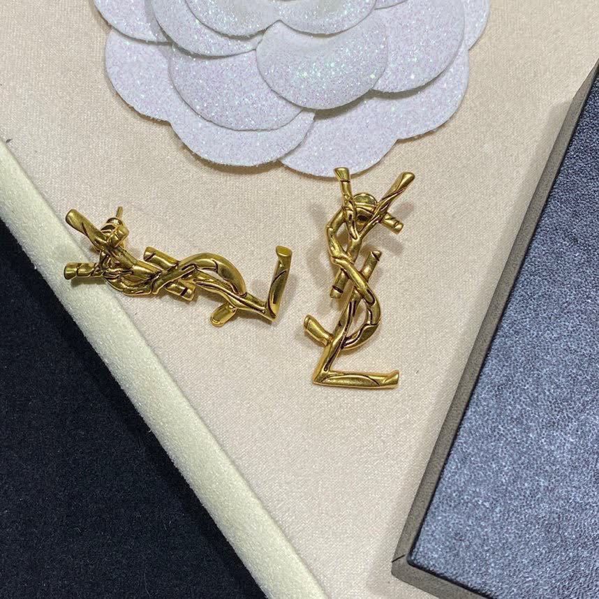 Saint Laurent YSL Logo Gold Tone Stud Earrings