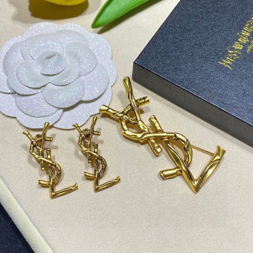 Saint Laurent YSL Logo Gold Tone Stud Earrings