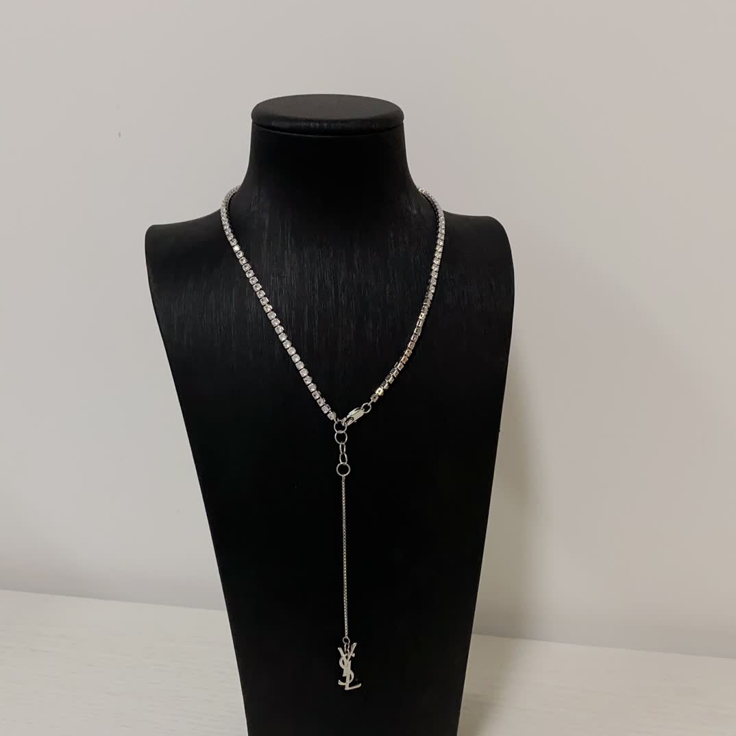 YSL Silver Chain Necklace with Logo Pendant YSL Silver Chain Necklace with Logo Pendant