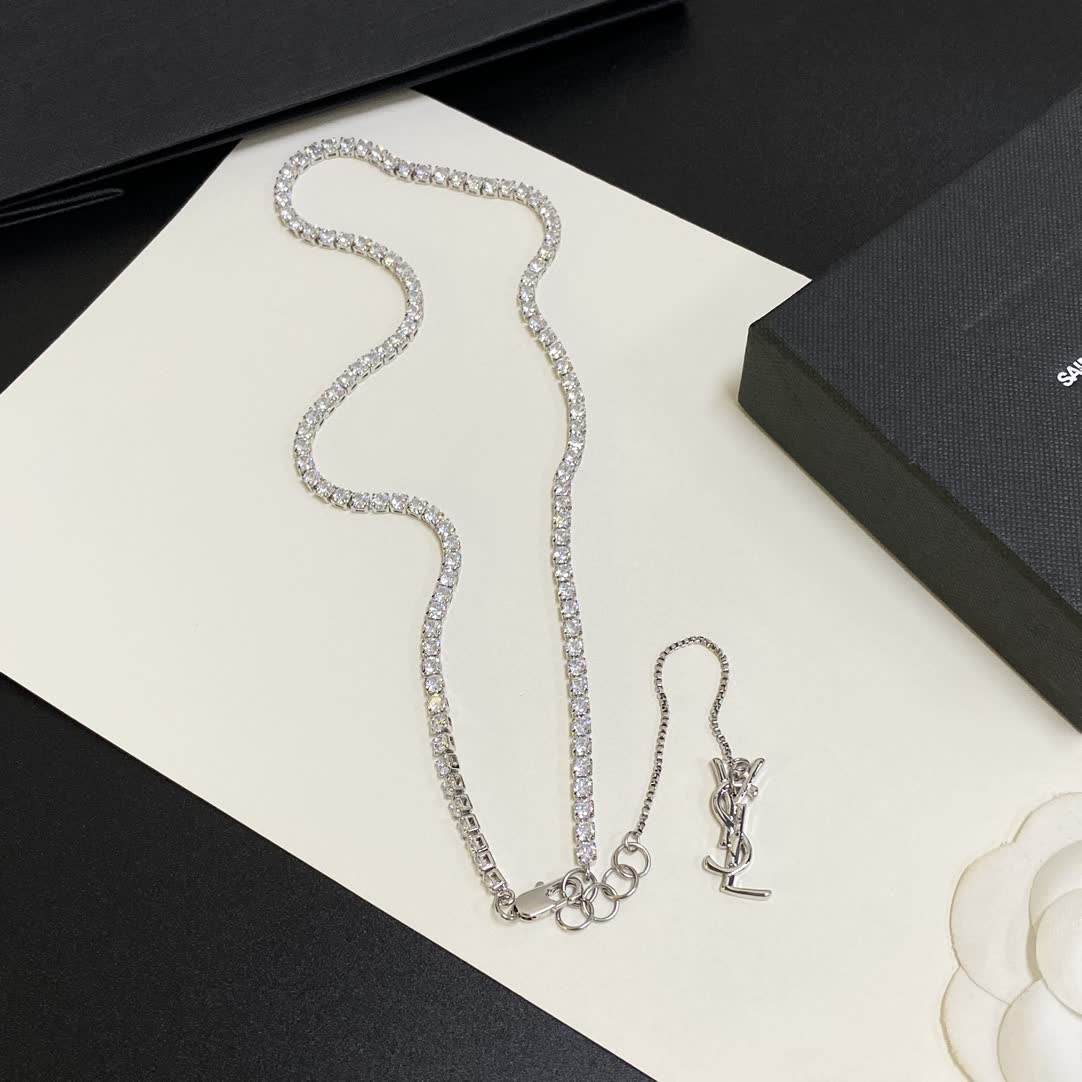 YSL Silver Chain Necklace with Logo Pendant