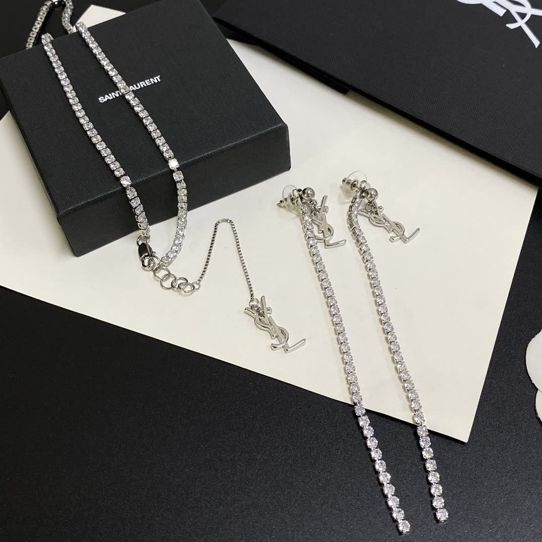 YSL Silver Chain Necklace with Logo Pendant