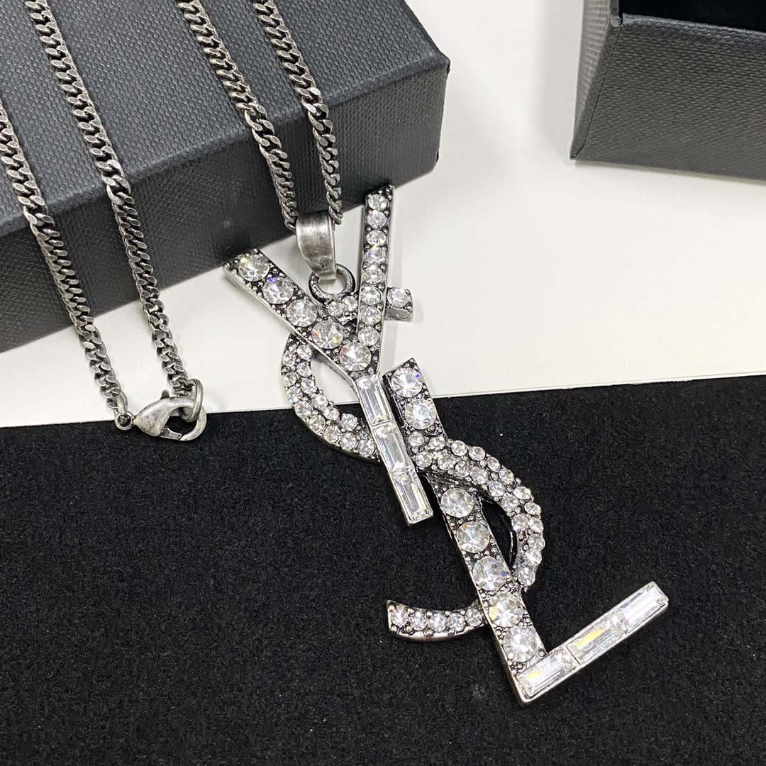 YSL Silver Tone Crystal Embellished Logo Earrings