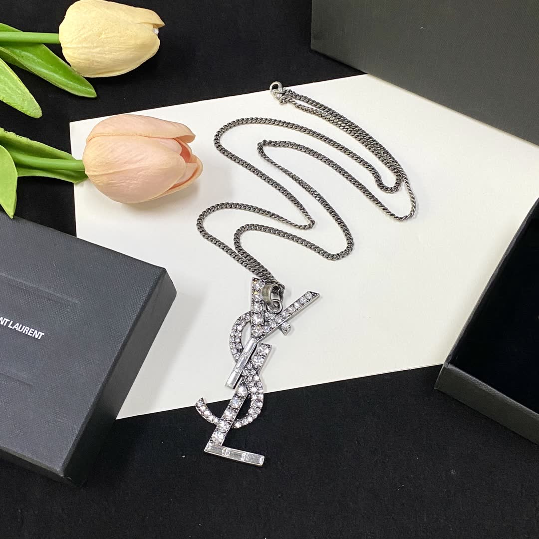 YSL Silver Tone Crystal Embellished Logo Earrings