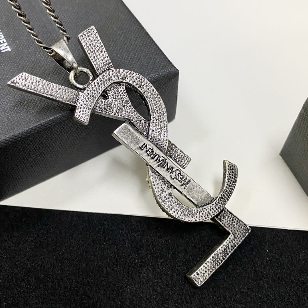YSL Silver Tone Crystal Embellished Logo Earrings