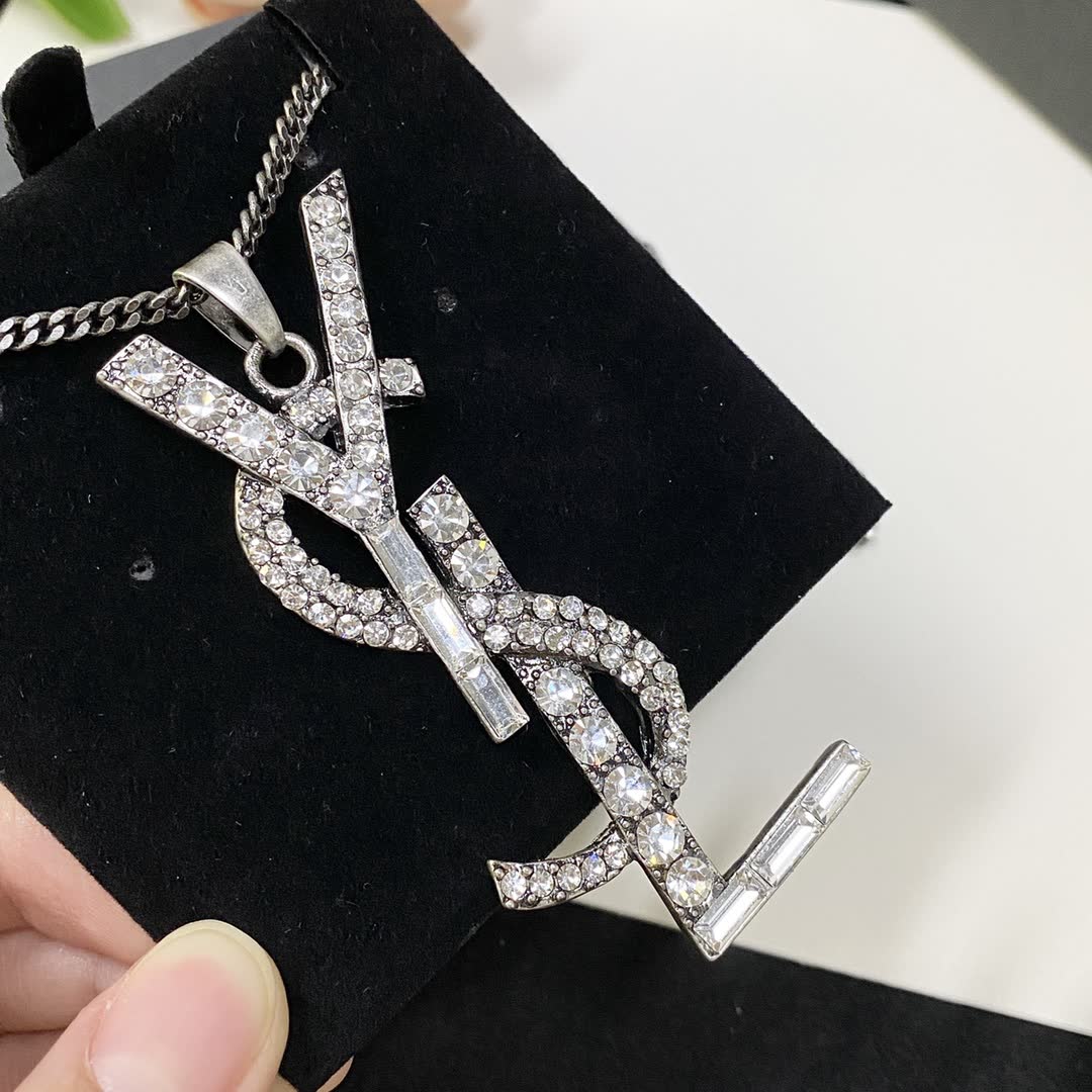 YSL Silver Tone Crystal Embellished Logo Earrings