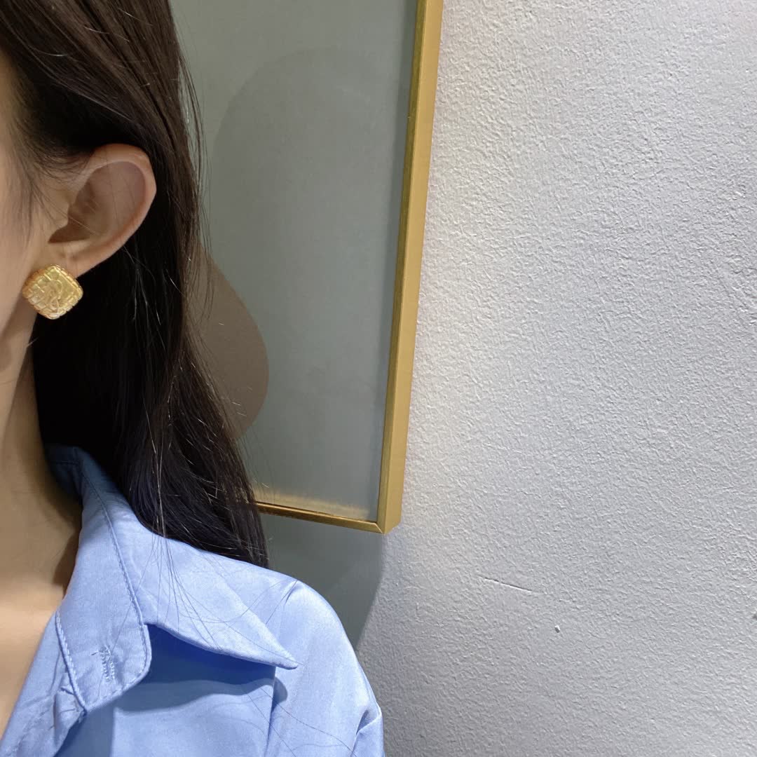 YSL Gold Textured Square Stud Earrings