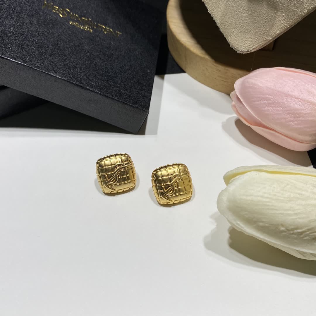 YSL Gold Textured Square Stud Earrings