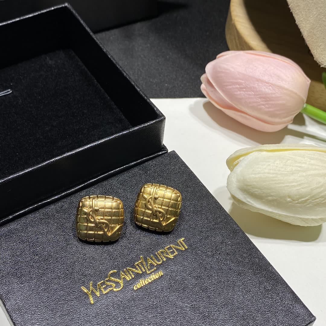 YSL Gold Textured Square Stud Earrings