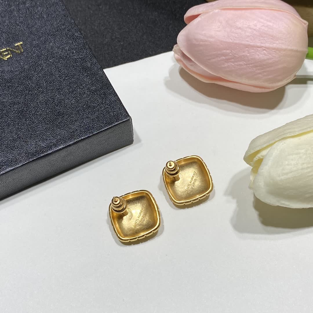 YSL Gold Textured Square Stud Earrings