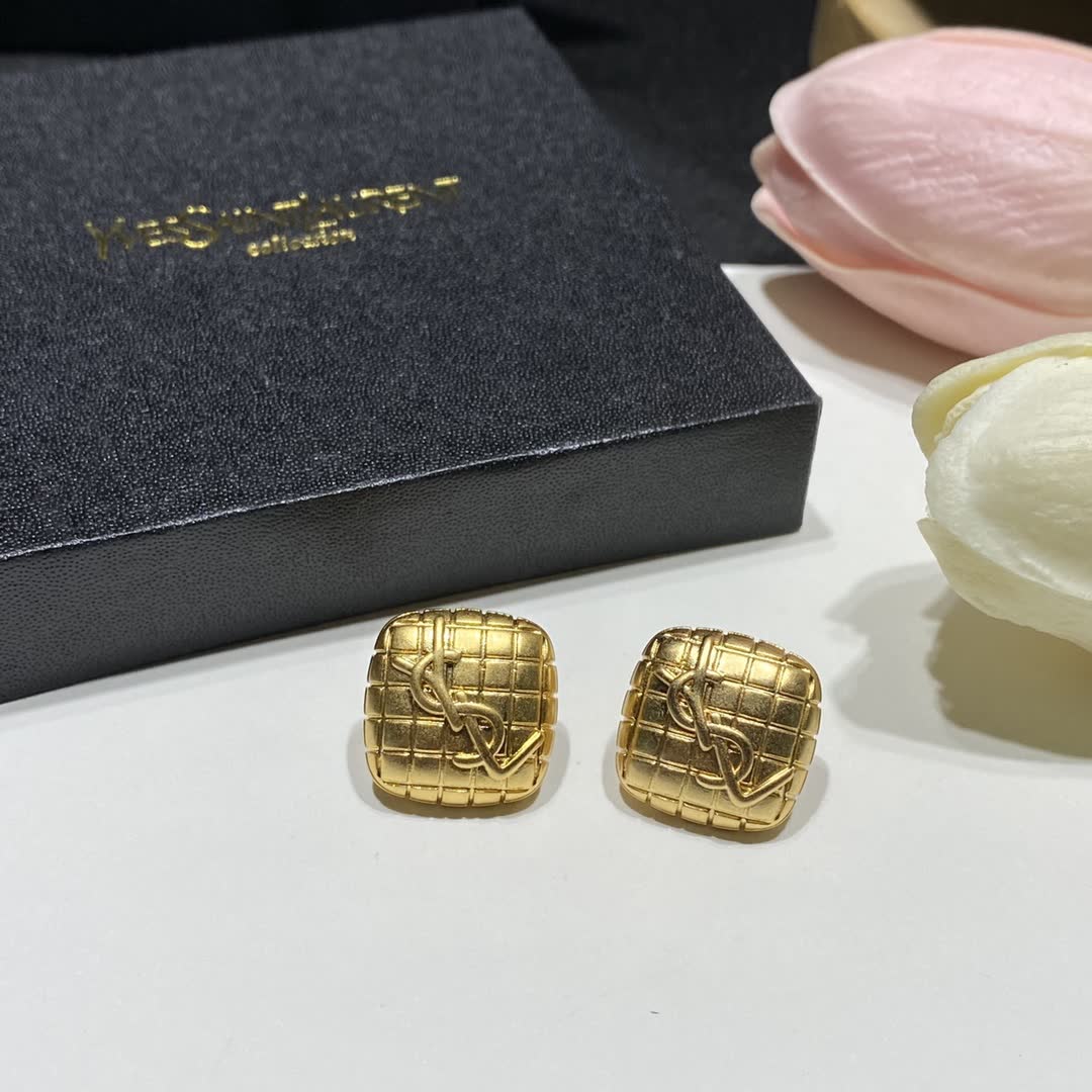 YSL Gold Textured Square Stud Earrings